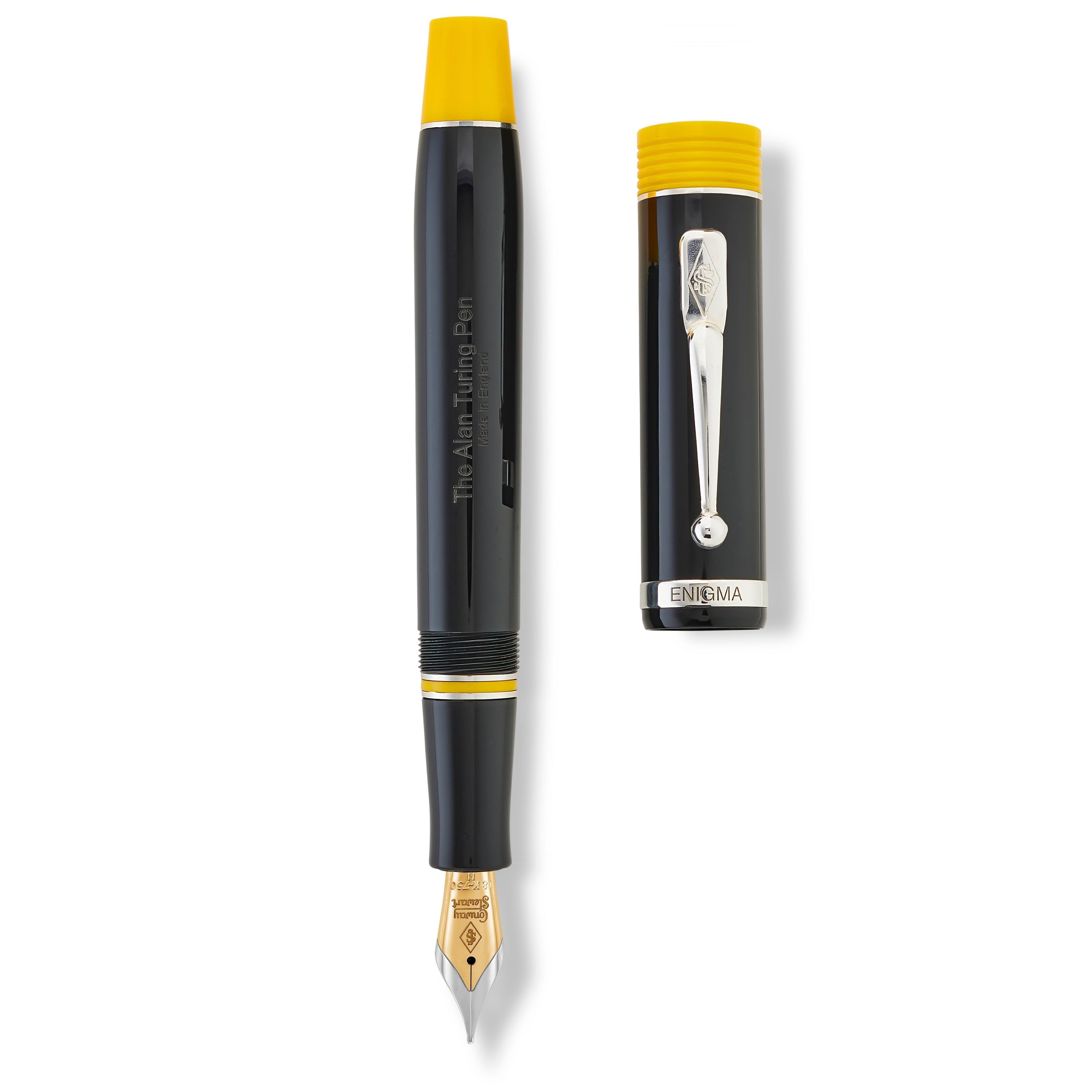 Alan Turing Pen barrel and cap laid side by side, overhead flat lay showing the engraving and Enigma band