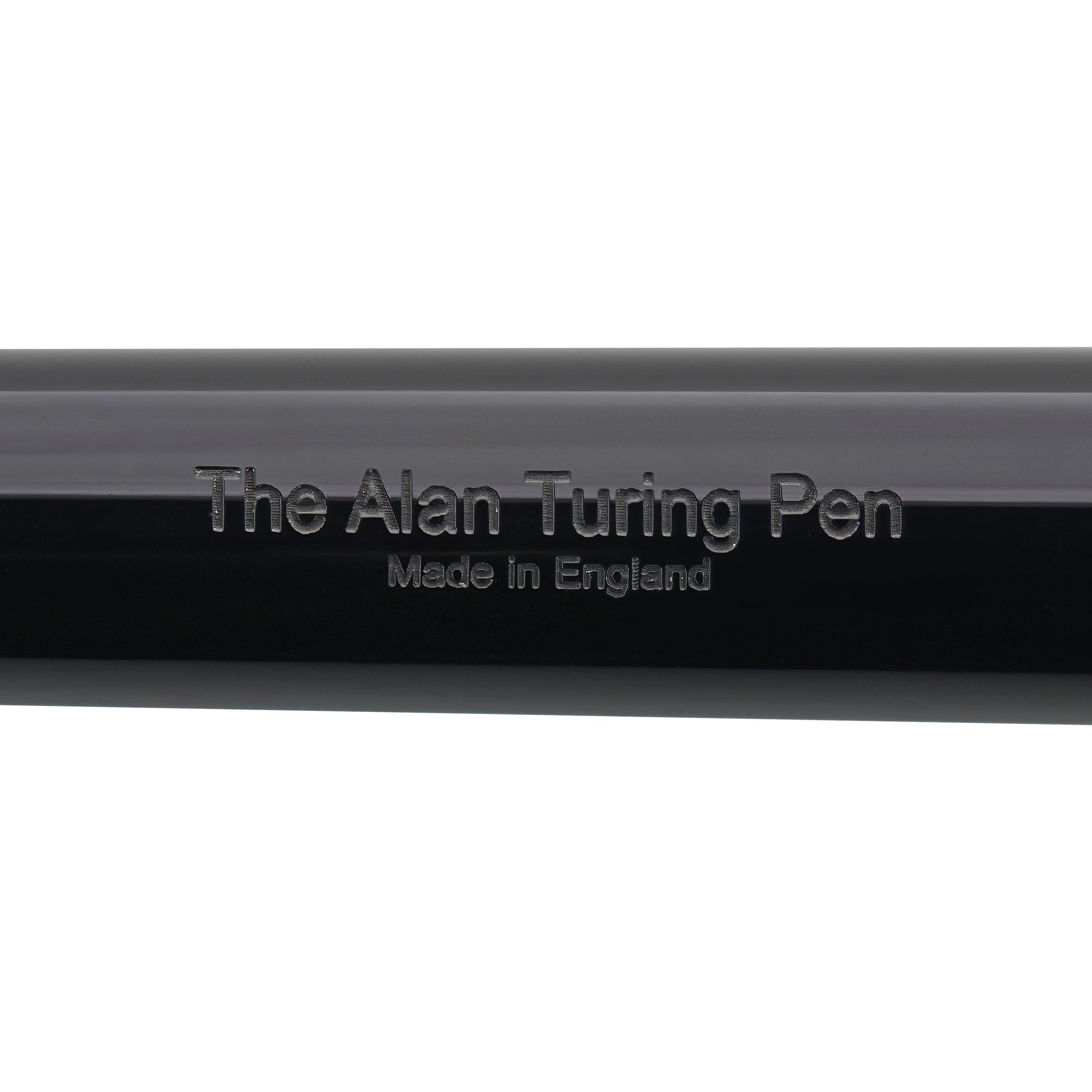 Close-up of the barrel engraving reading The Alan Turing Pen, Made in England