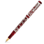 Geschlossener Henry Simpole Chatsworth Red Stardust Füllfederhalter, im umgekehrten Diagonalwinkel mit Blick auf die Rankenauflage
